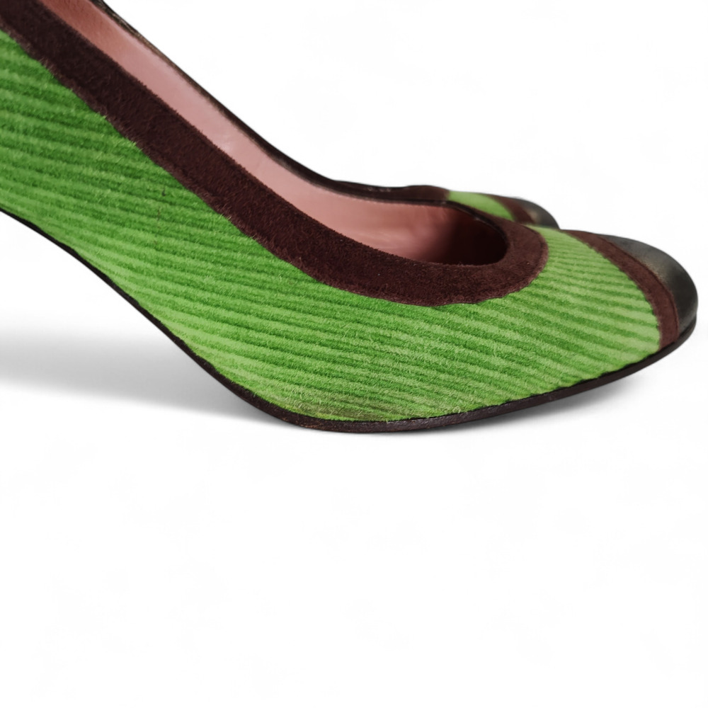 Marc Jacobs Mary Jane Heels 39.5 Green Corduroy Brown Suede Metallic Toe Italy - Picture 7 of 12
